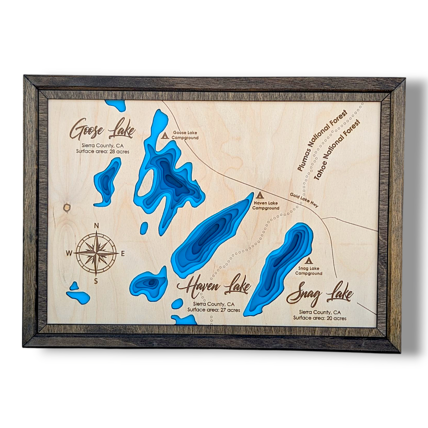 Goose, Haven, and Sang Lakes Art | Goose, Haven, and Snag Lakes Bathymetry Map | Various Sizes