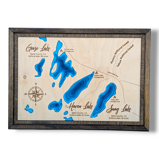 Goose, Haven, and Sang Lakes Art | Goose, Haven, and Snag Lakes Bathymetry Map | Various Sizes