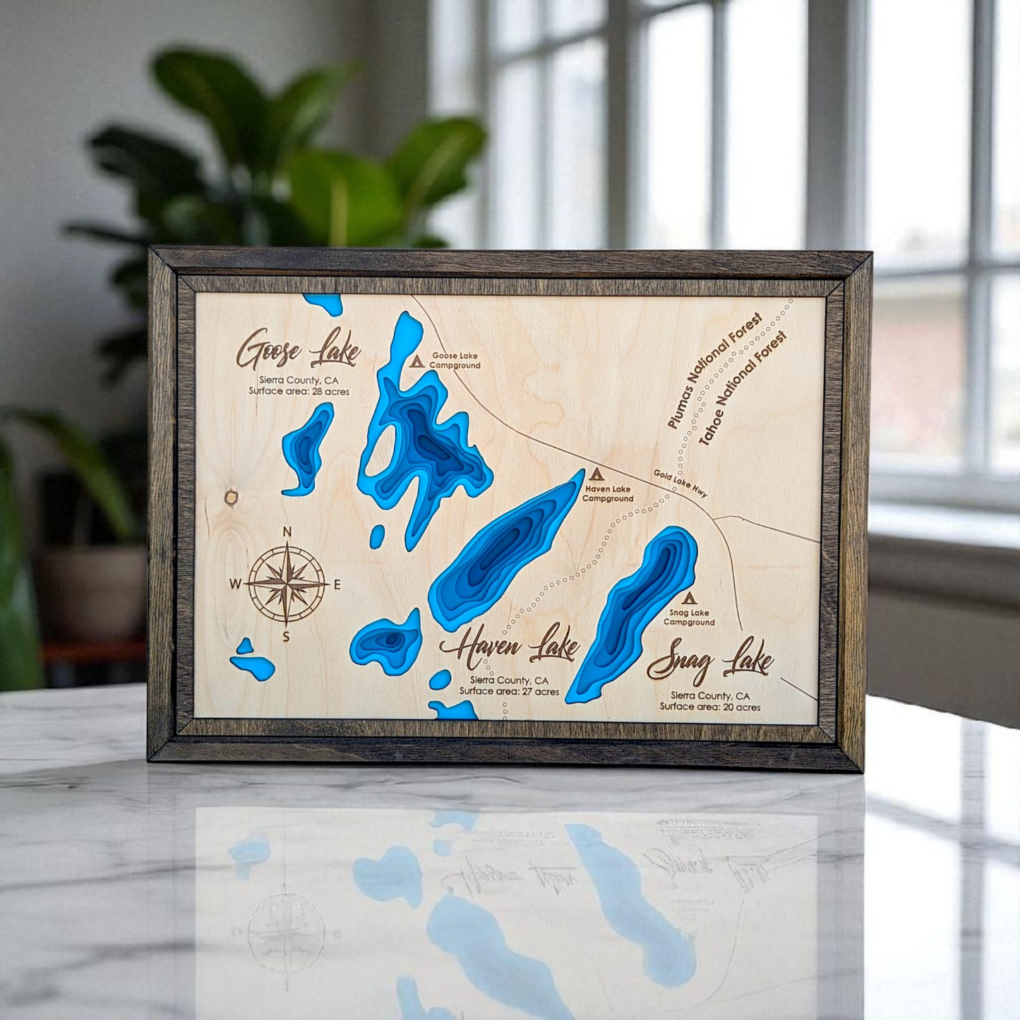 Goose, Haven, and Sang Lakes Art | Goose, Haven, and Snag Lakes Bathymetry Map | Various Sizes