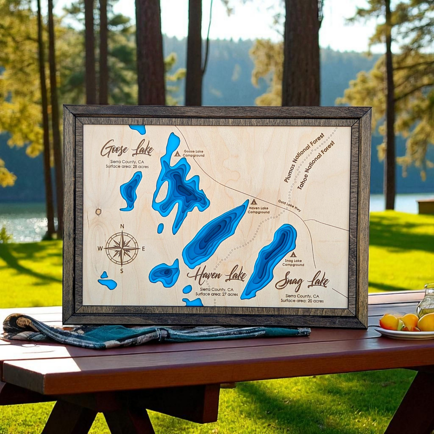 Goose, Haven, and Sang Lakes Art | Goose, Haven, and Snag Lakes Bathymetry Map | Various Sizes