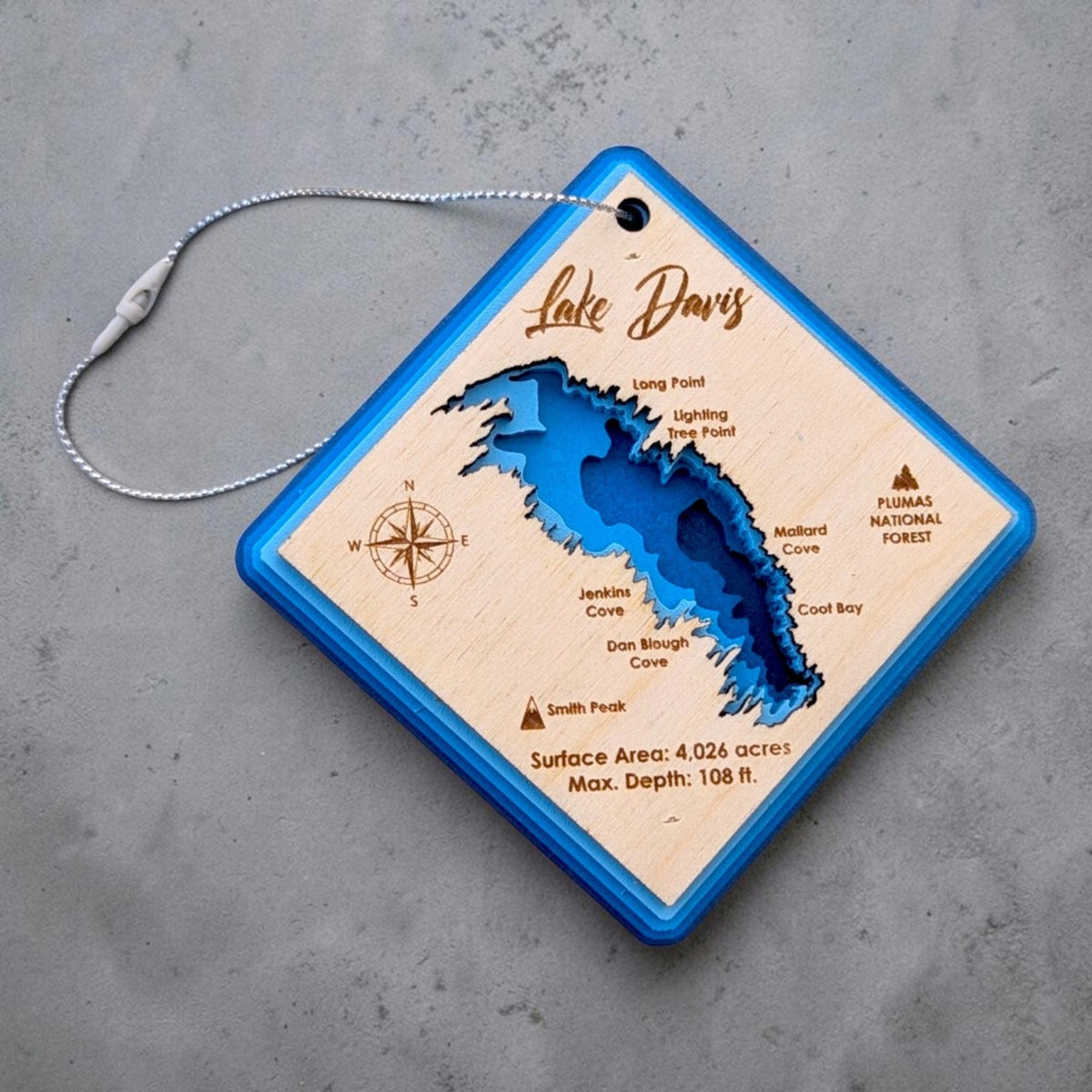 Lake Davis Bathymetric Ornament | Diamond | 3" by 3"