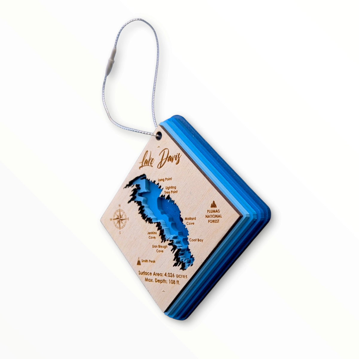 Lake Davis Bathymetric Ornament | Diamond | 3" by 3"