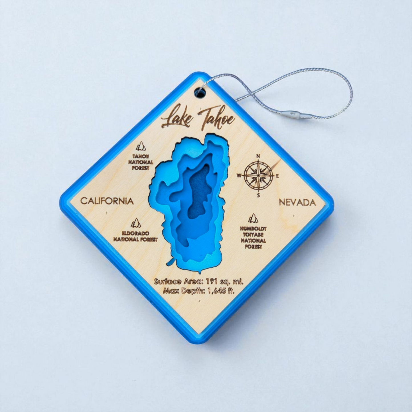 Lake Tahoe Bathymetric Ornament | Diamond | 4" by 4"