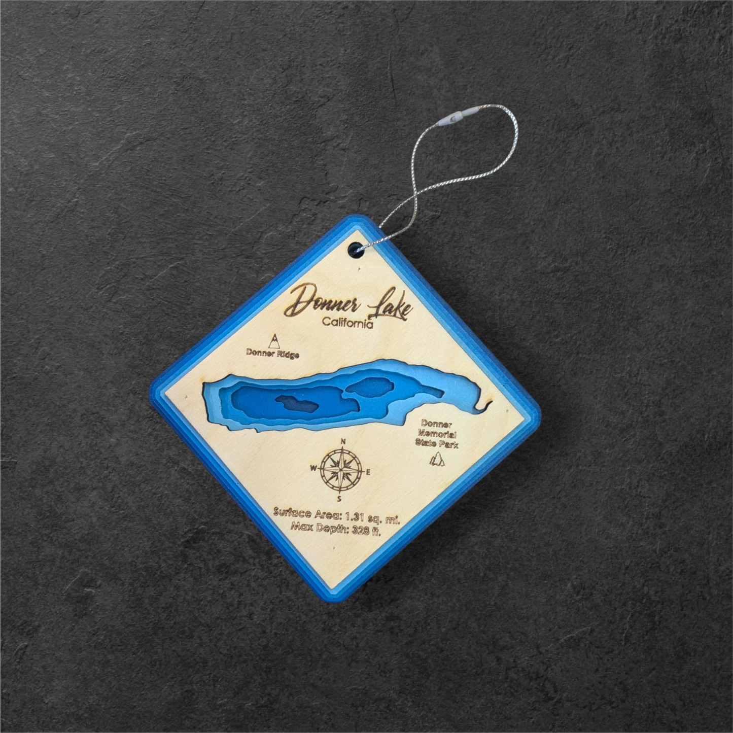 Donner Lake Bathymetric Ornament | Diamond | 4" by 4"
