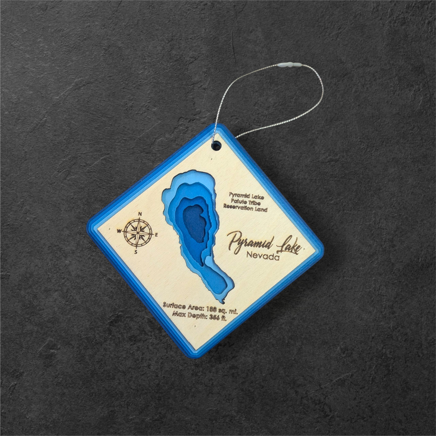 Pyramid Lake Bathymetric Ornament | Diamond | 4" by 4"