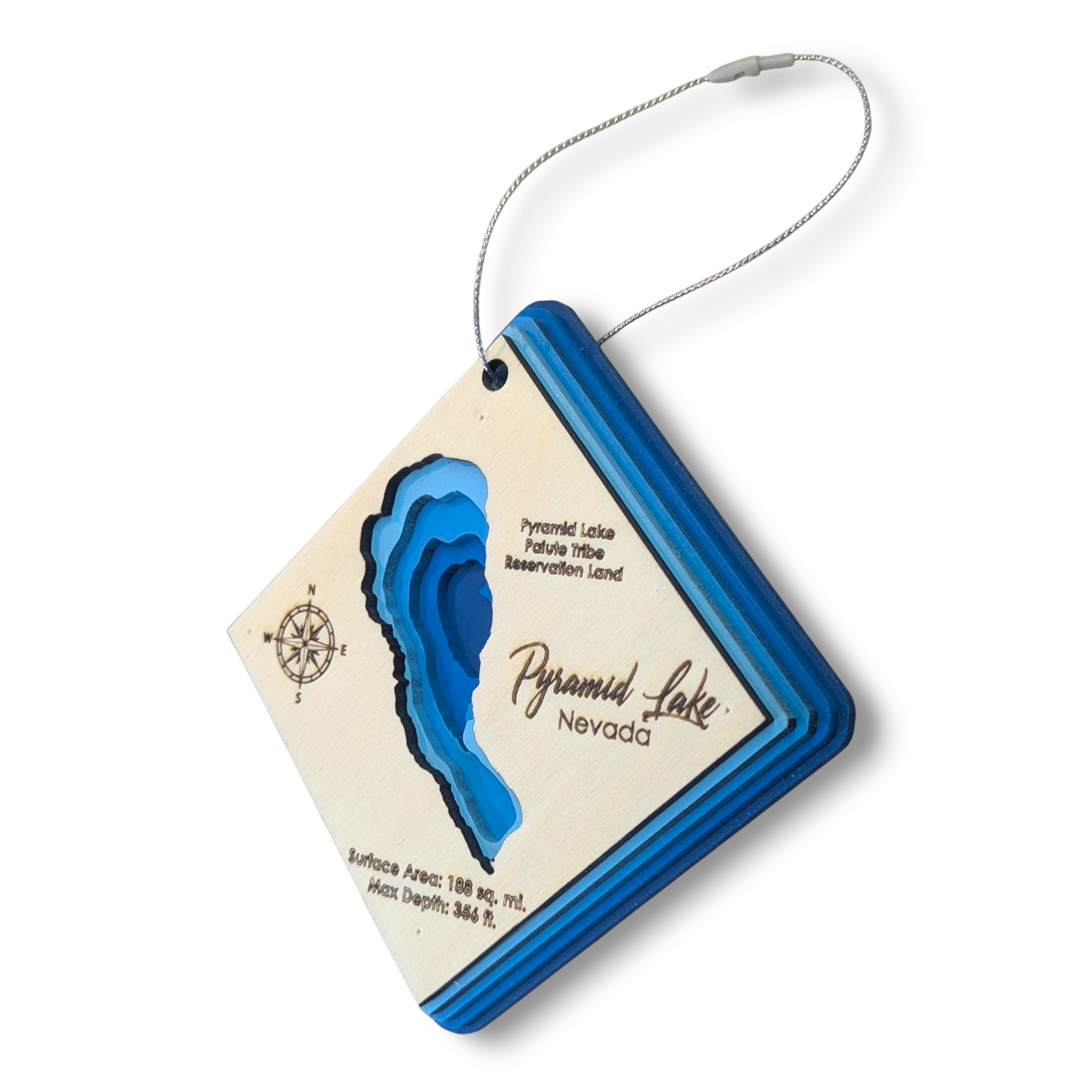 Pyramid Lake Bathymetric Ornament | Diamond | 4" by 4"