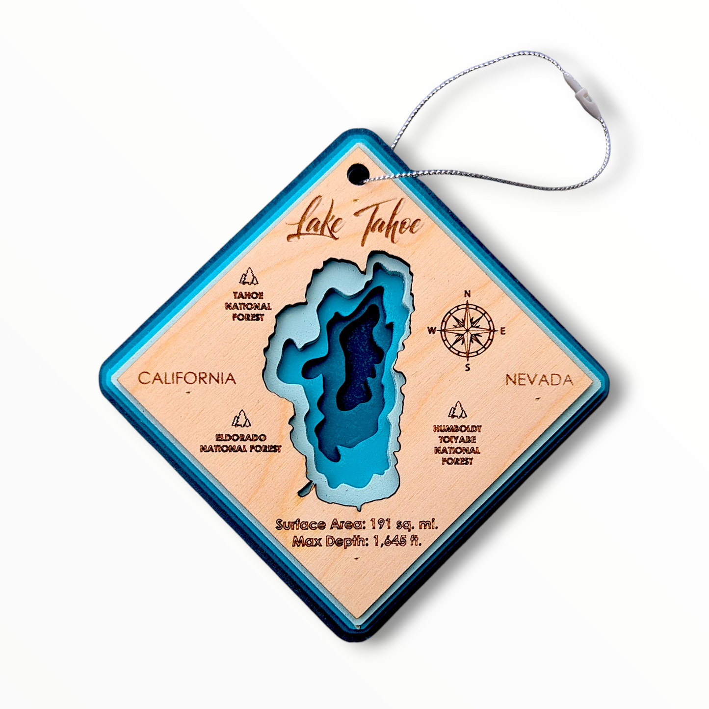 Lake Tahoe Bathymetric Ornament | Diamond | 4" by 4"