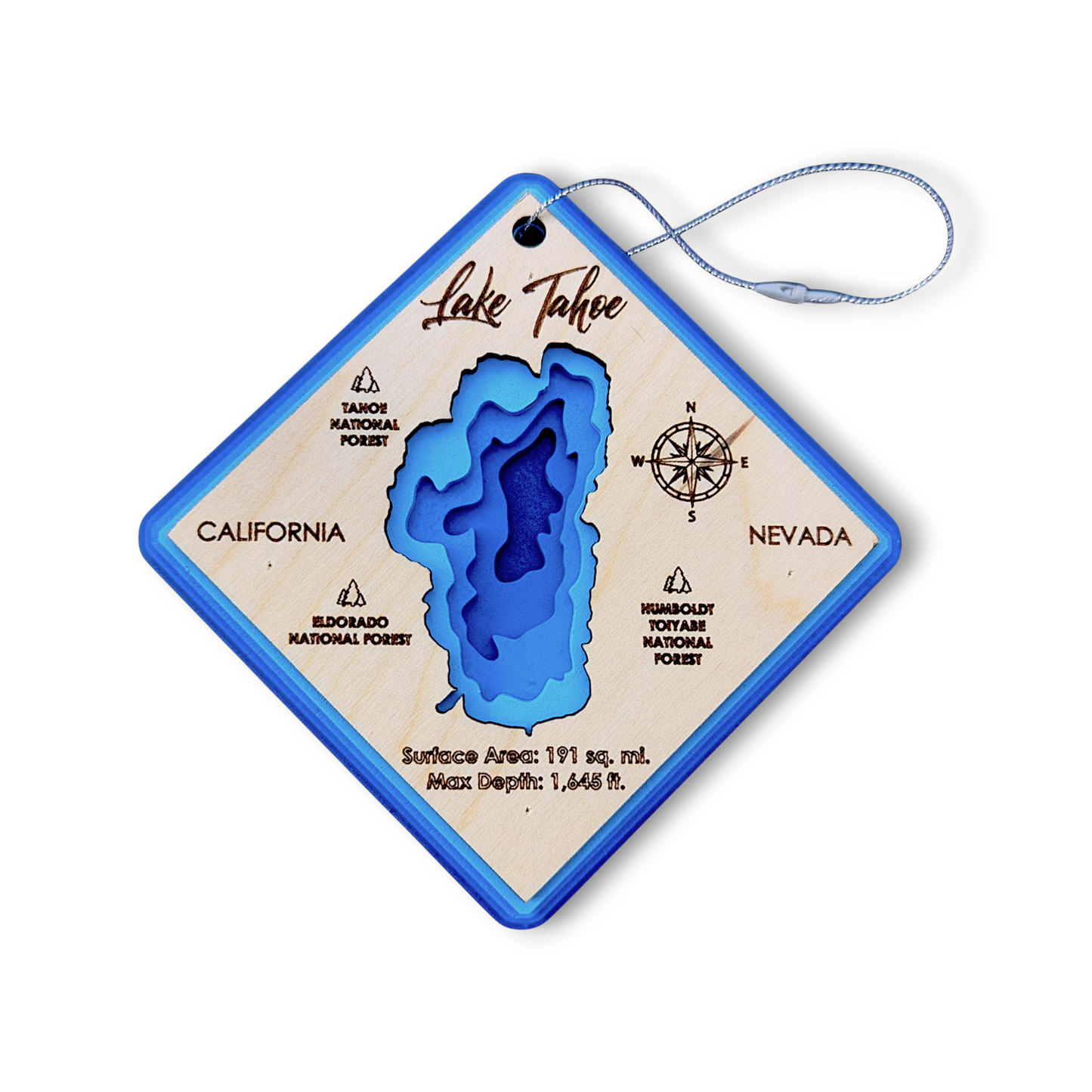 Lake Tahoe Bathymetric Ornament | Diamond | 4" by 4"