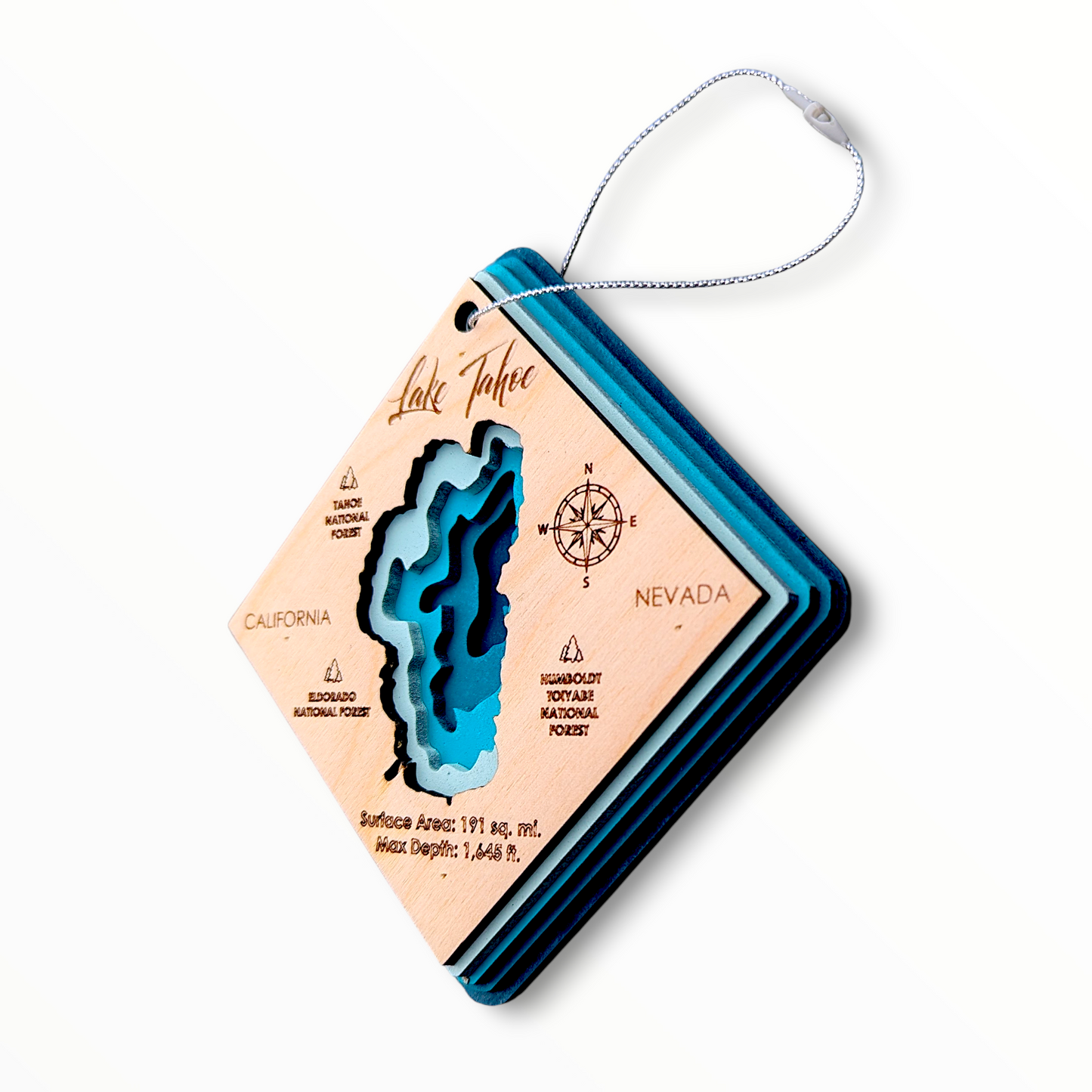 Lake Tahoe Bathymetric Ornament | Diamond | 4" by 4"